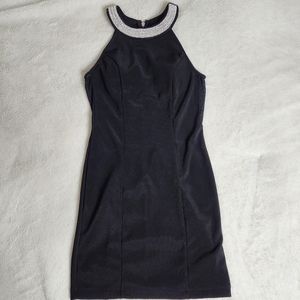 Emerald Sundae Rhinestone Halter Neck Black Mini Dress w/ Mesh Sides SMALL